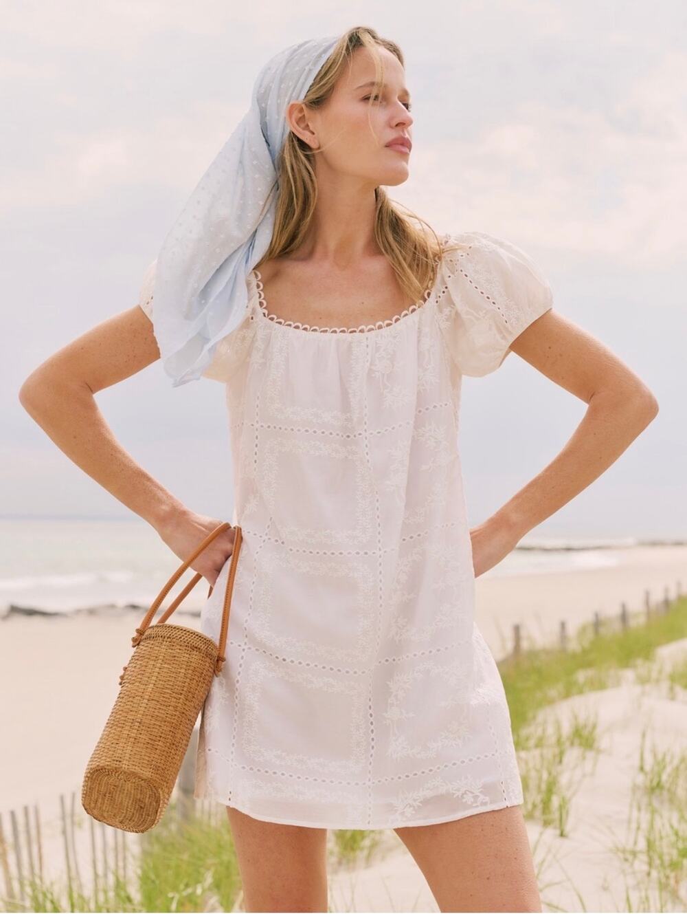 kourt Nya Dress White Eyelet Puff Sleeve Mini Dress Size XS Cottagecore Summer